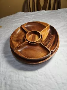 Lazy Susan Monkey Pod 6 Pc 14" turntable wood snack tray vintage Acacia - Picture 1 of 15