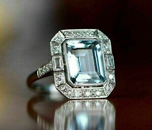 Vintage 14K White Gold Over Art Deco 3Ct Emerald Cut Lab Created Aquamarine Ring