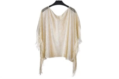 Beige Gold Metallic Poncho With Fringes Sparkling Over Shoulder Cape Top One SZ - Image 1 of 4