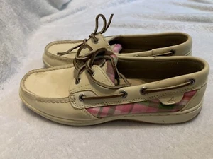 Sperry Top Sider Leather Boat Shoe Pink Plaid Women 7.5 Angelfish Slip On - Picture 1 of 16