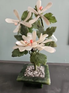 Vintage Miniature Jade Stone & Glass Tree With Flowers in Jade Pot - Picture 1 of 8
