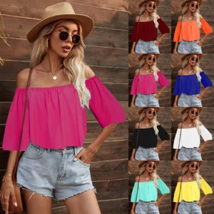 Womens Summer Off Shoulder Bardot Shirts Casual Loose Tops Blouse PLUS SIZE 4-24 - Picture 1 of 27