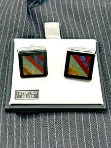 Gemelli vintage Walter Hayward onice pietra preziosa intarsiata argento sterling - Foto 1 di 3
