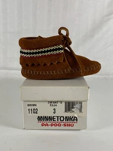 Minnetonka moccasins infant size 3 brown soft suede braid pa-poo-shu 1102 warm - Picture 1 of 6