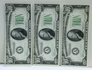 (3) 1934 $10 FRN Lime Green Seal Unc Consecutive 38.39,40 - Picture 1 of 2