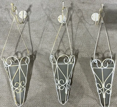 Set of 3 Vintage French Cottage Chic Metal Wall Vases 18” Tall - Image 1 of 4