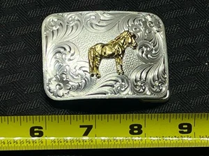 Fibbia per cintura Montana argentiere tono oro cavallo argento - Foto 1 di 2