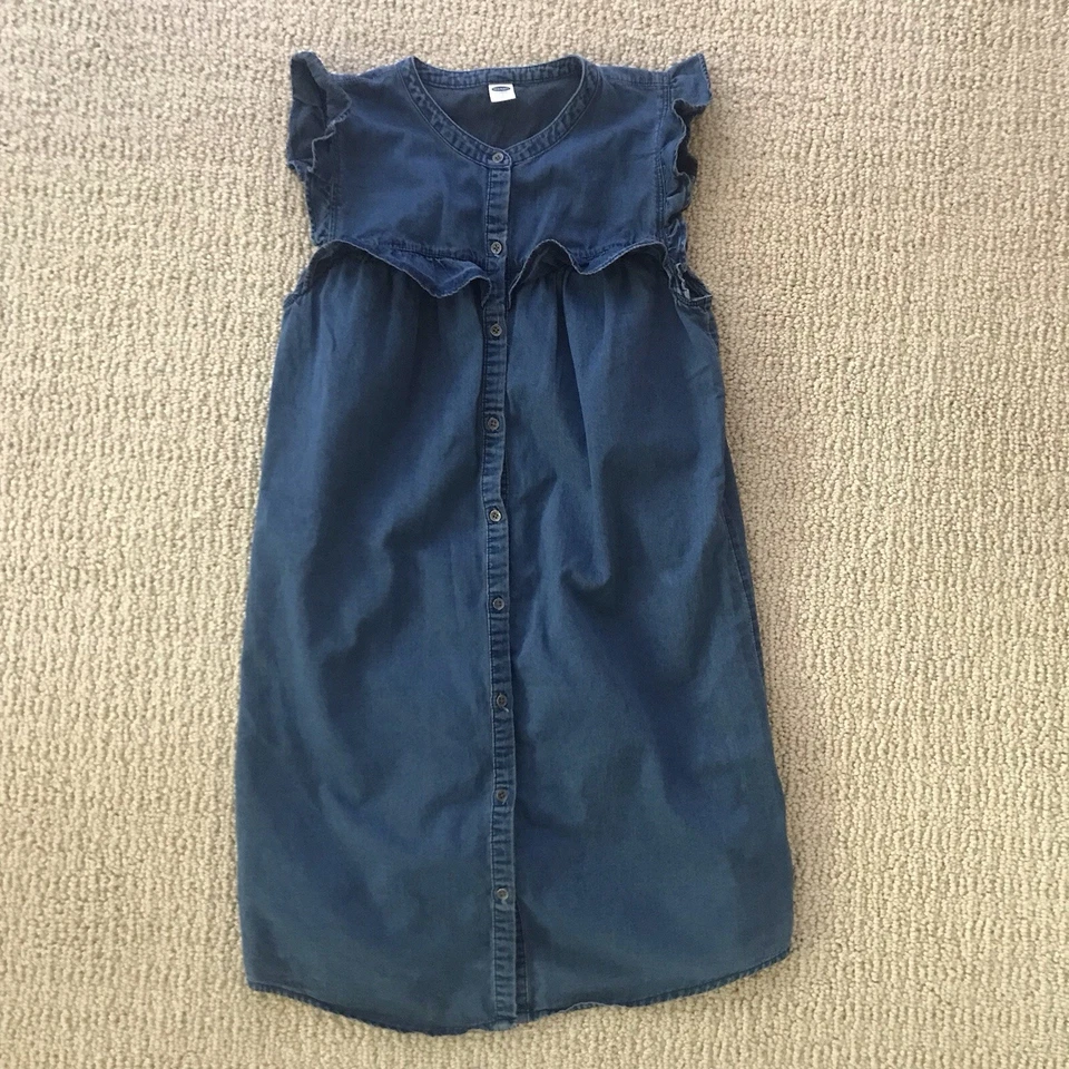Old Navy Girls Size XS Blue Denim sleeveless dress botton front ruffle - Image 1 of 4