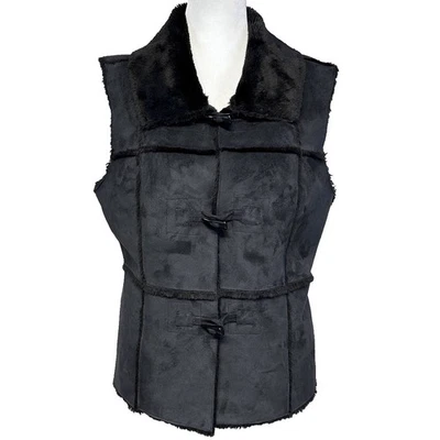 Chaleco Grande WHBM Super Suave Micro Gamuza Negro Piel Sintética Forrado Botón Palanca Foto 1 de 4