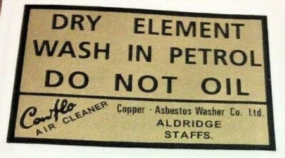 DRY ELEMENT WASH IN PETROL DO NOT OIL air filter sticker Triumph 650 1963-4 each - Image 1 of 3