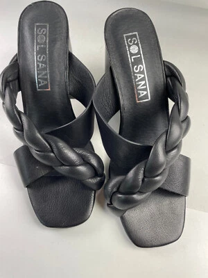 Sol Sana 凉鞋黑色绑带凉鞋 37 码皮革拖鞋粗跟 — 第 1/4 张图片