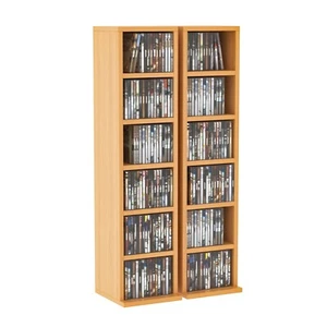 Set of 2 CD Media Display Storage Shelf Unit Tower Rack Adjustable Natural Wood - Picture 1 of 11