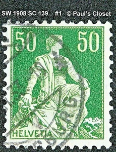 SW 1908 SC 139 HELVETIA DP GREEN & PALE GREEN 50¢ USED NO GUM PERF 11½ F/VF #1 - Picture 1 of 2