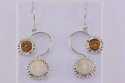 SAJEN Sterling Silver 35mm White Coral Tigers Eye Carve Faces 925 Hook Earrings - Image 1 of 4
