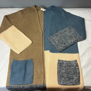 Elan Color Block Open Front Knit Long Cardigan Sweater Pockets Blue Beige Size L - Picture 1 of 11