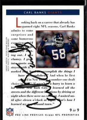 (6140) Carl Banks 1992 Pro Line Profiles On Card Auto Giants - Image 1 of 2
