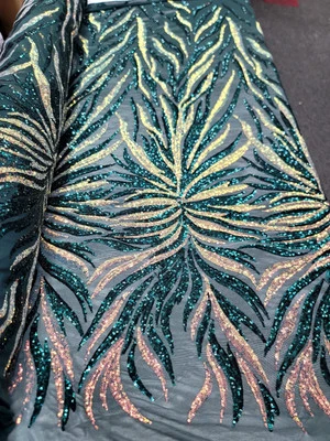 GREEN ROSE GOLD  Embroidery Sequins 4 WAY STRETCH Lace FabricSold By The Yard - Image 1 of 4