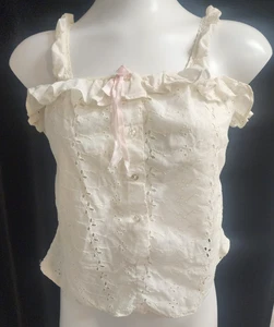VTG White Eyelet Ruffle Camisole Top w/ Pink Ribbon Lace Trim Women’s XS-M READ - Picture 1 of 8