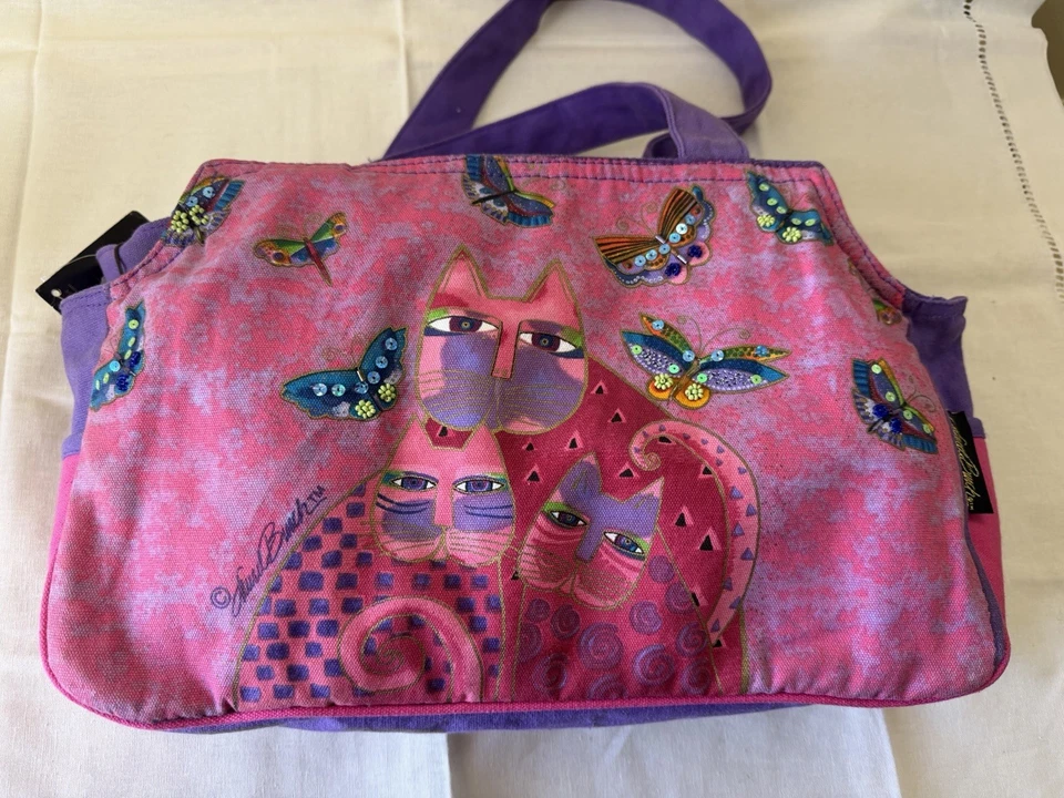 LAUREL BURCH Pink Purple Cats Butterfly Large Tote Shoulder Bag Charm NEW - Image 1 of 4