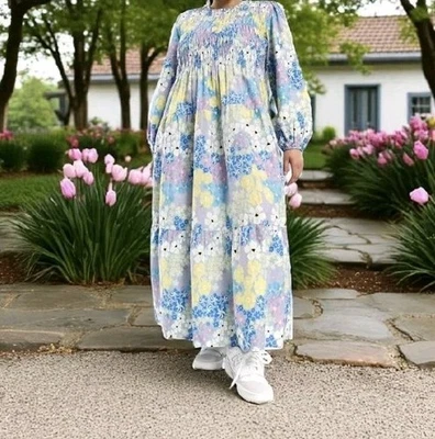 ASOS DESIGN Cotton Floral Print Shirred Maxi Smock Dress Puff Sleeve! Size 24 - Image 1 of 4