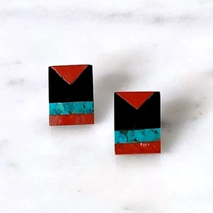 Southwest Inlay Ohrringe Türkis Jaspis Onyx schwarz geometrisch Ohrstecker - Bild 1 von 7