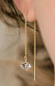 Natural Herkimar Diamond 925 Sterling Silver Gold Plated Threader Earrings - Picture 1 of 3