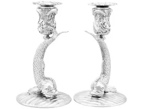 More details for vintage irish sterling silver fish candlesticks