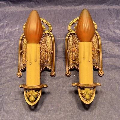 Antiguo Par de apliques de pared de velas de catedral hermoso acabado raro 129E Foto 1 de 4