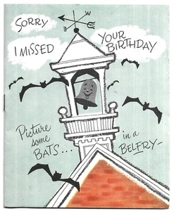 Vintage Gibson Missed Birthday Greetings Card Book Style Bats Belfry - Picture 1 of 5