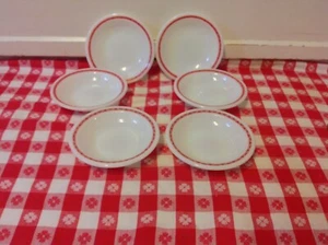 6 CORNING DECOR 706 DINNERWARE white & red MILK GLASS small  BOWLS Restaurant - Picture 1 of 3