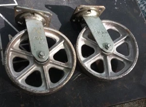 (2) Albion Swivel Plate Casters 8 x 2" Cast Iron Wheel Pair Set Industrial Cart - Picture 1 of 8
