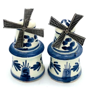 Vintage Blue Delft Windmill Salt Pepper Blue Shakers Dutch Mini Spinning Cottage - Picture 1 of 4