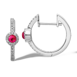 14K Solid White Gold Diamond Cabochon Ruby Small Hoop Earrings - Picture 1 of 4