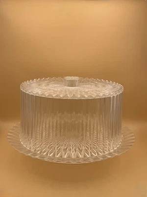 Vintage Acrylic Crystal Cake Plate with Dome Lid: Retro Ribbed Dessert Stand - Image 1 of 4
