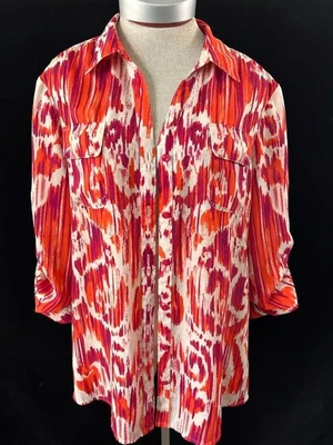 Jones NY Signature blouse top size L button up long roll tab sleeve V neck - Image 1 of 4