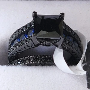 Anello Jeulia misura 6,75 set 2 pezzi pietra nera e accenti blu fidanzamento/sposa - Foto 1 di 22