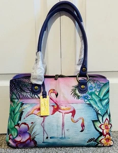 Anuschka handbemalte Leder Umhängetasche Schultertasche Flamingo Tropical Neu mit Etikett - Bild 1 von 18