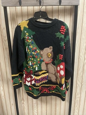 复古 90 年代 RAFAELLA 圣诞泰迪熊树假日手工针织毛衣 中号 — 第 1/4 张图片