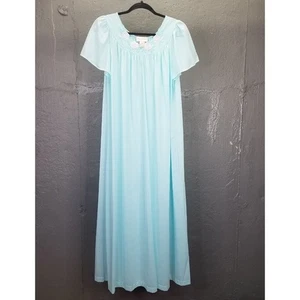 Shadowline Night Gown Sm Maxi Sea Foam Blue Nylon Pink Flower Satin Embroidery - Picture 1 of 14