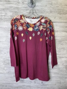 Camisa Kim Rogers Mujer Mediana Púrpura Estampado de Hojas de Otoño Manga 3/4 Informal Top - Imagen 1 de 7