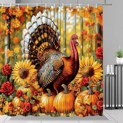 Thanksgiving Shower Curtain Turkey Harvest Modern Fall Bathroom Decor with Hooks - Image 1 of 4