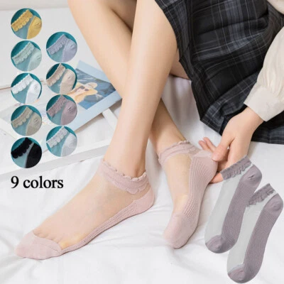 Women Transparent Thin Flower Lace Socks Crystal Silk Short Ankle Socks Summer↔ - Image 1 of 4