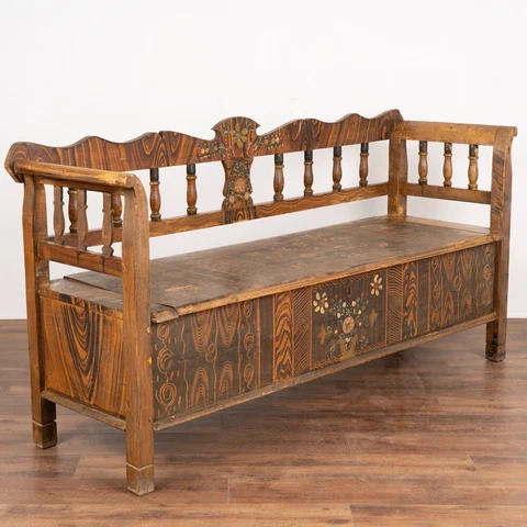 Original Hand Painted Vintage Folk Art Bench With Storage, Hungary Dated 1925 Cover