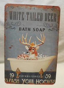 Metal Wall Sign WHite Tailed Deer Bath Soap Wash Your Hooves Destressed Sign - Picture 1 of 3