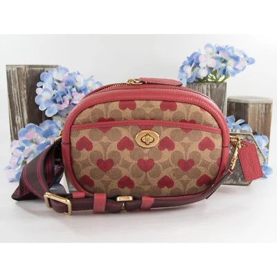 Coach Red LeatherKhaki Signature PVC Camera Guitar Strap Crossbody Bag NWT C8390 - Image 1 of 4