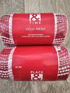 Lot of 2 Place & Time White /Red Plaid Wreath Decorative Mesh Ribbon 5 x 18ft - Picture 1 of 6