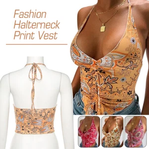 Women Vest Halter Low-Cut Boho Fruit Print Slim Tank Top Backless Summer Tops - Picture 1 of 20