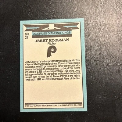Cb1 1986 Donruss Diamond Kings #23 Jerry Koosman, Philadelphia Phillies ￼ - Image 1 of 2