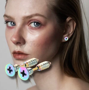 Minimalist Nail Screw Stud Earrings Steel Surgical Rainbow Punk Fashion Jewelry - Picture 1 of 12