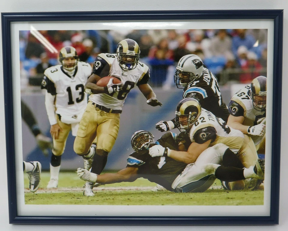 Foto de juego Kurt Warner Marshall Faulk St. Louis Rams de colección 2001 con marco de metal Foto 1 de 4